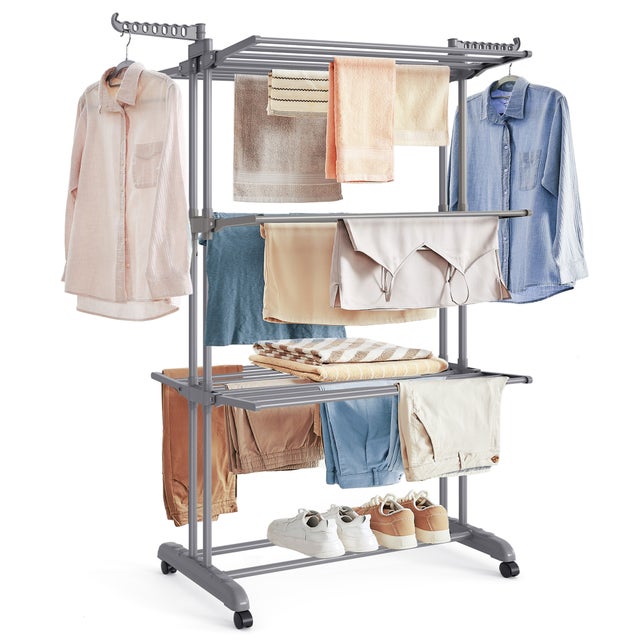 Étendoir à Linge, Séchoir Mobile à 4 Niveaux, avec roulettes, Pliable,63,5 x 128 x 173 cm , Utilisation Intérieure et Extérieure, Gris