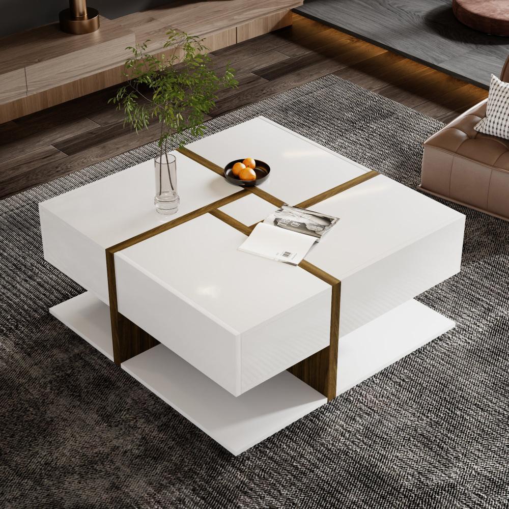 Hochglanz-Couchtisch mit 4 Schubladen, nowoczesny Quadrat-Design, kreatywny Farb- und Liniendesign, stabilny Ablage 78x78x34,8cm