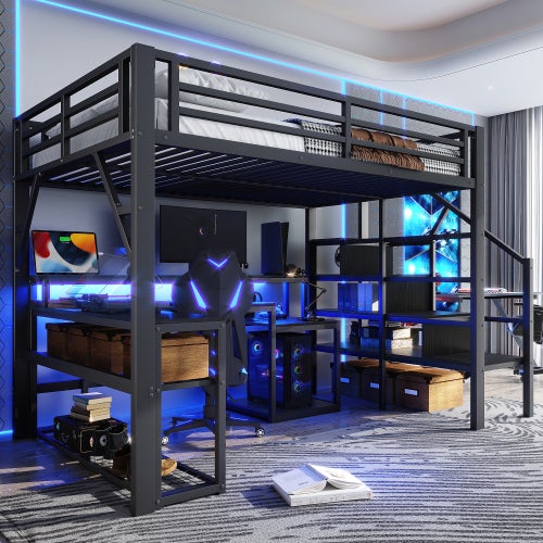 Lit mezzanine 140 x 200 cm avec LED et port USB et bureau, rangements et escalier avec stockage, garde-corps sécurité, sans matelas, Noir - 4