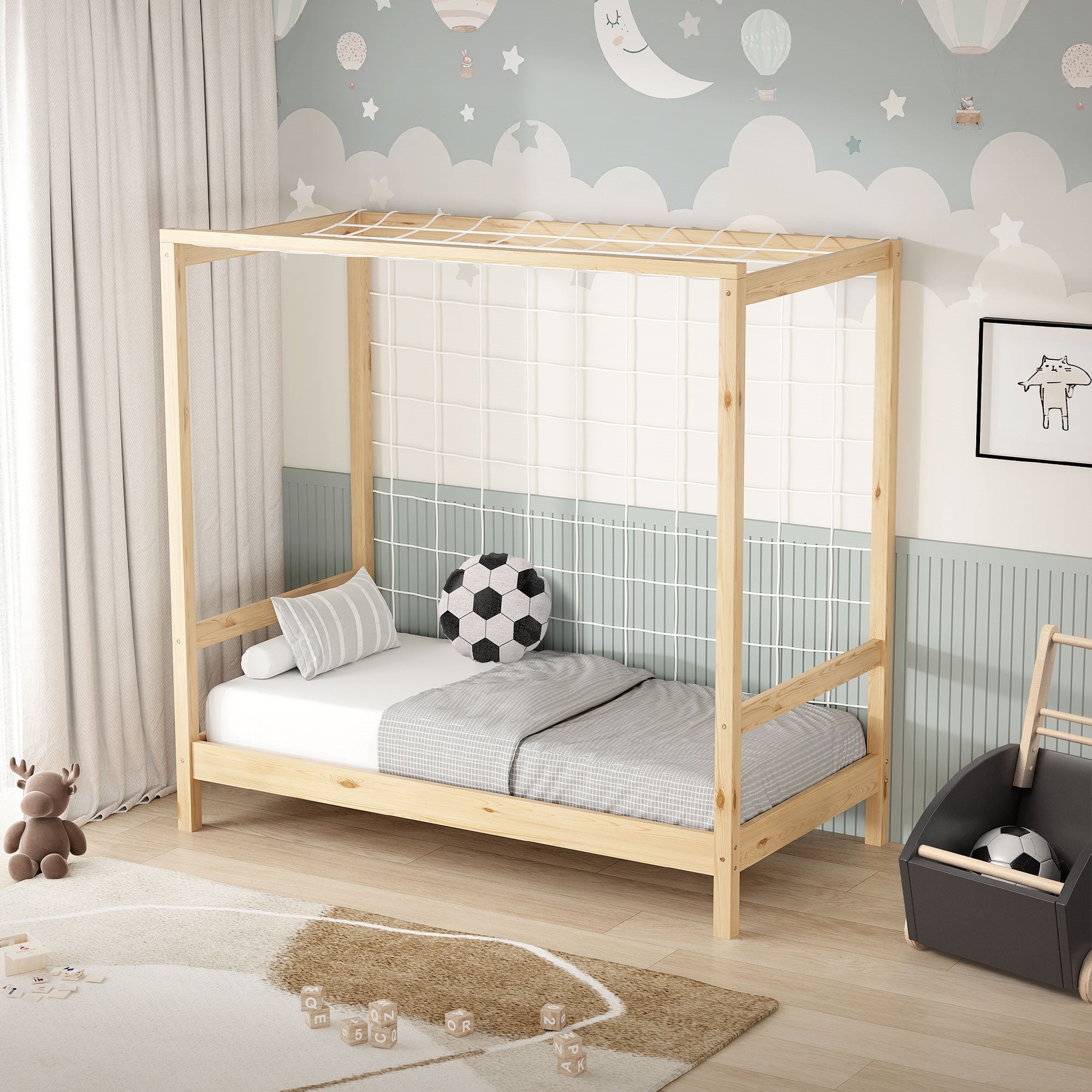 ML-Design łóżko dziecięce 70x140 cm z bramką piłkarską naturalne z litego drewna sosnowego konstrukcja z listwami dla chłopców i dziewczynek