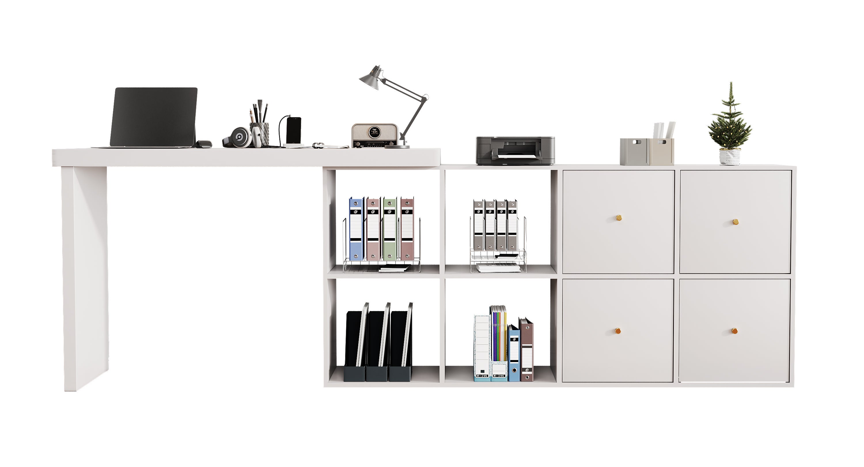 Bureau d'angle pivotant avec 4 compartiments et 4 tiroirs - 120 x 48 x 78 cm + 140 x 35 x 74  cm - MDF - Blanc - 6