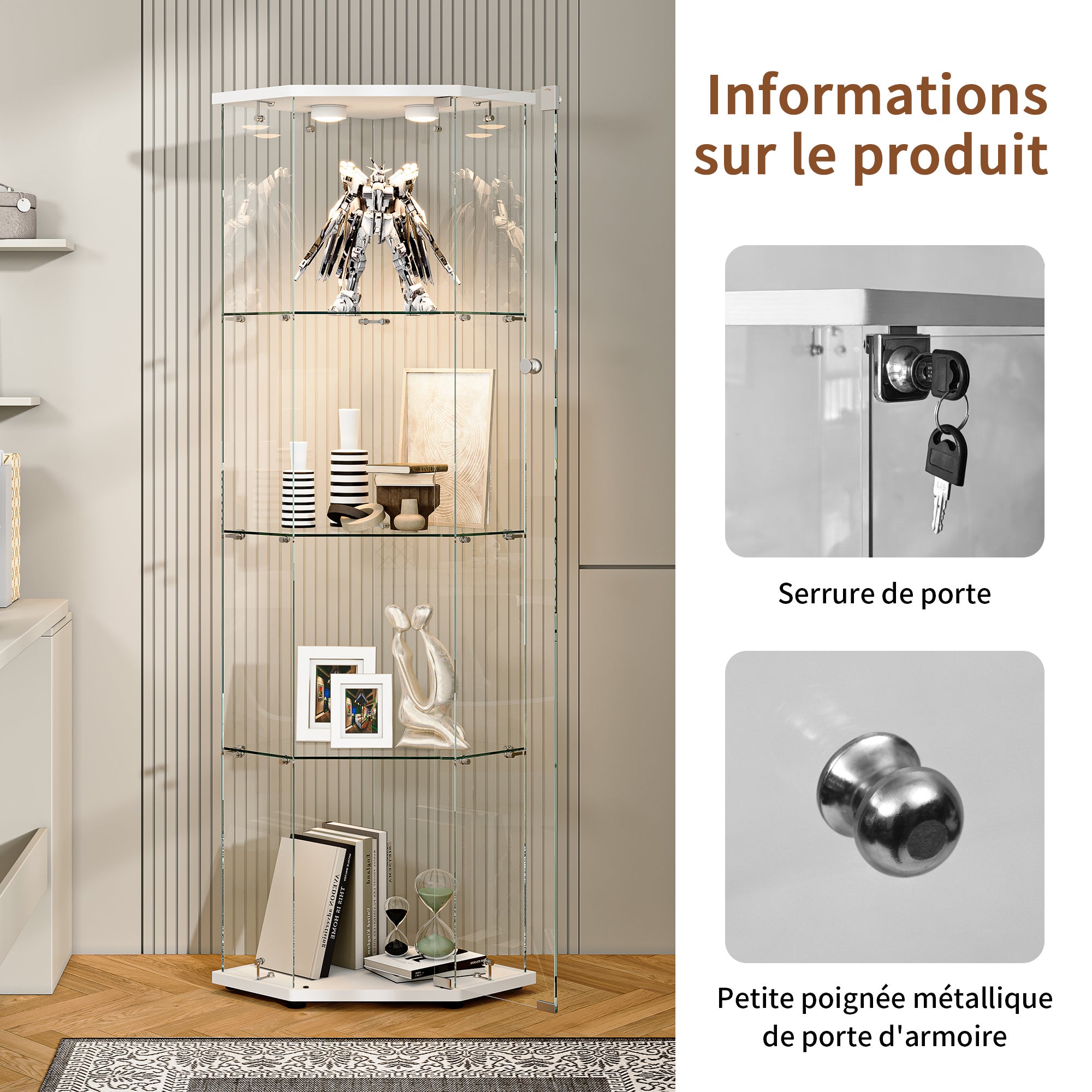 Vitrine en Verre, Vitrine pour collection Transparent en verre 4 Couches avec 1 Porte, LED Vitrine, pour salon et chambre à coucher,cinq angles - 5