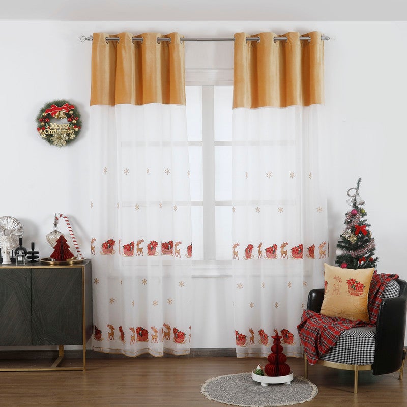 Cortina de navidad con estampado de papá noel marrón 140*260cm-individual
