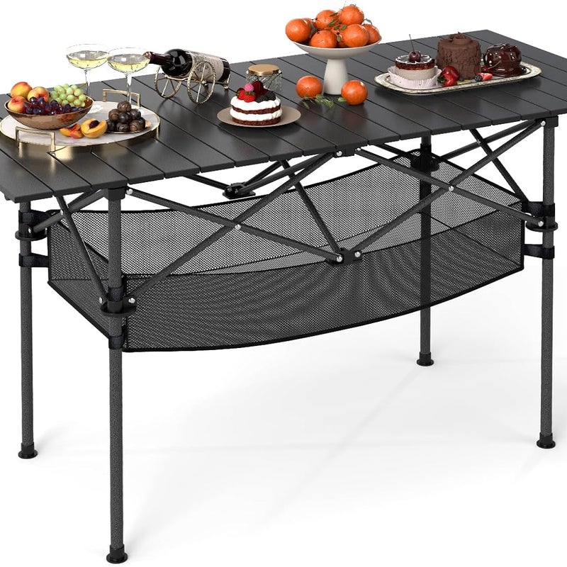 Składany Stół Piknikowy, Zwijana Aluminiowa Regały, Kosz z Siatki, Stół Kempingowy z Torbą Transportową (Czarny)