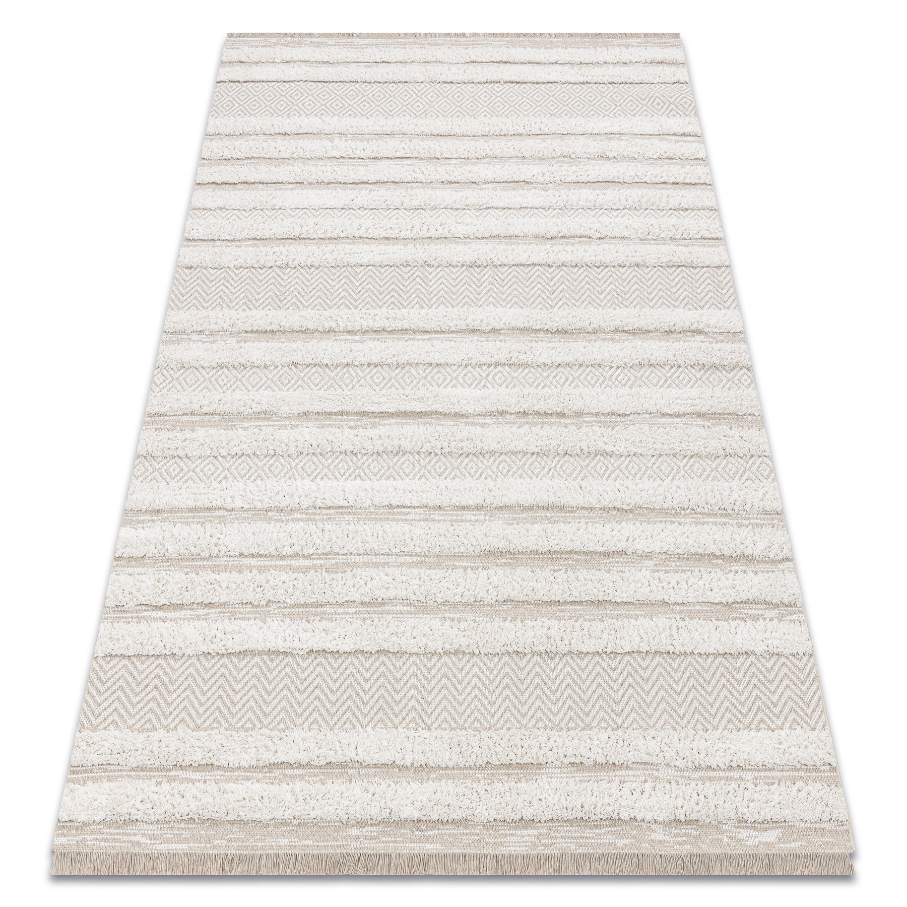Alfombra eko sizal moroc 22329 zigzag, líneas boho flecos, estructural - beige / crema 78x150 cm