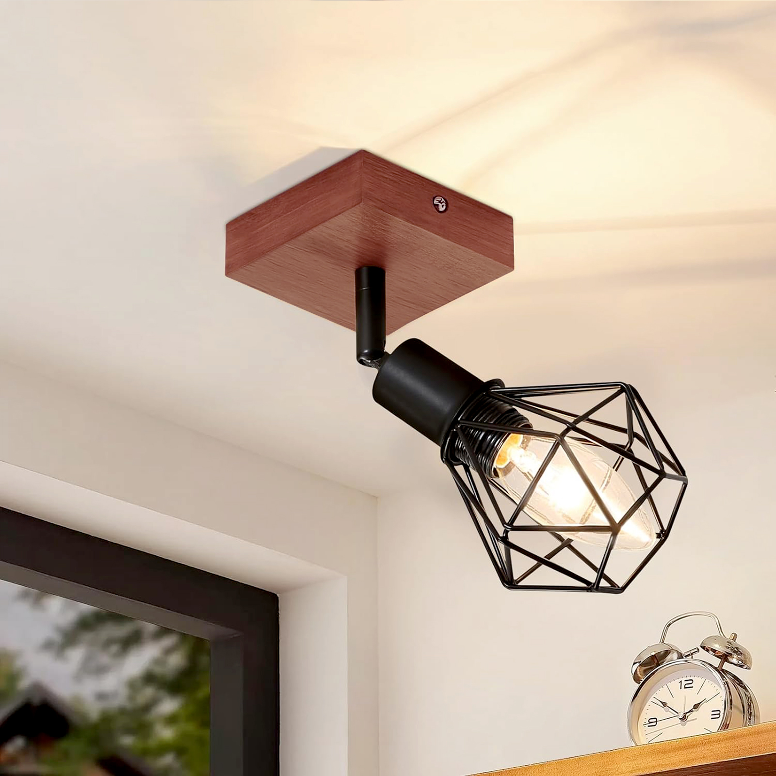 Nettlife Reflektorowa sufitowy 1-punktowy E14, czarne drewno i metal, obrotowy 350°, vintage, Max. 40W