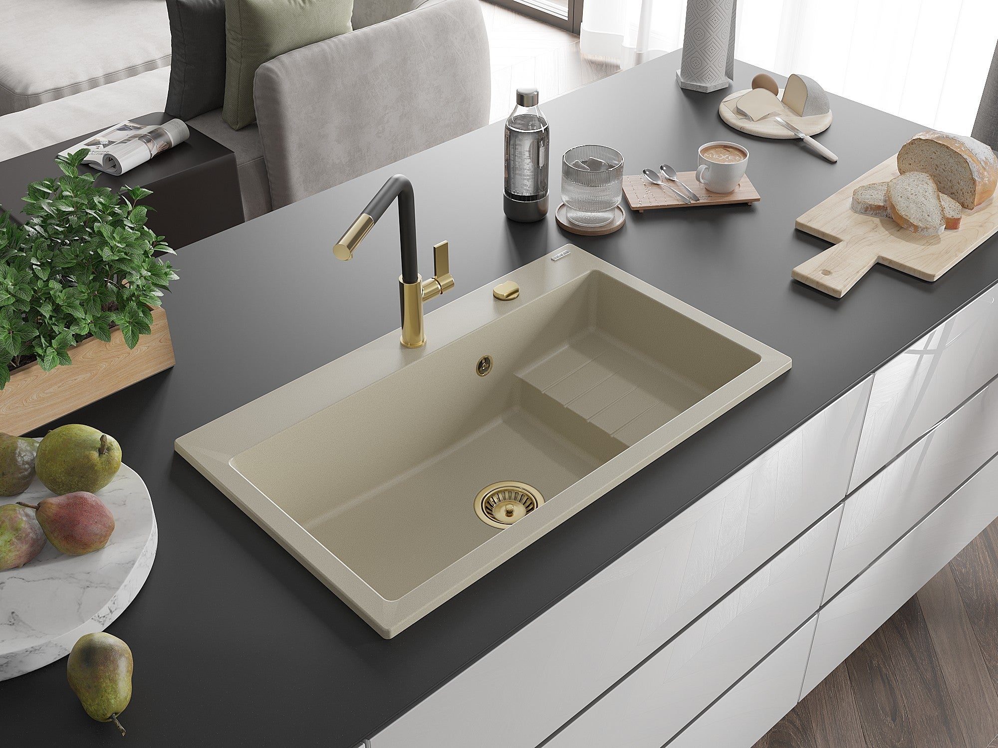 Mexen Omar évier en granit 1 bac 800 x 480 mm, beige, siphon doré - 6520801005-69-G - 2