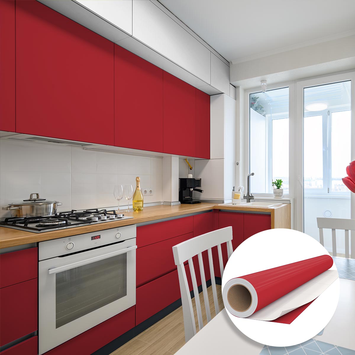Rotolo adesivo in vinile impermeabile al metro - Adesivo lavabile per cucina, mobili, armadi, porte - 60cmx40m - Rosso ciliegia - 4
