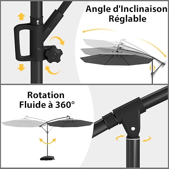 Parasol Déporté 3M avec 32 LED Solaires, Parasol de Jardin 8 Baleines avec Tissu Protection Solaire, Parasol Inclinable Rotatif à 360° (Gris) - 5
