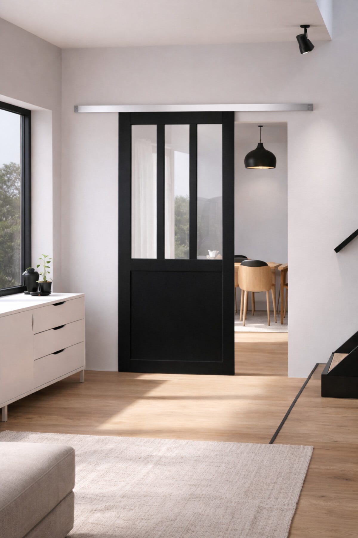 Porte Coulissante Atelier Noir H204 X L83 Cm, Rail Alu, Coquilles Noir ...