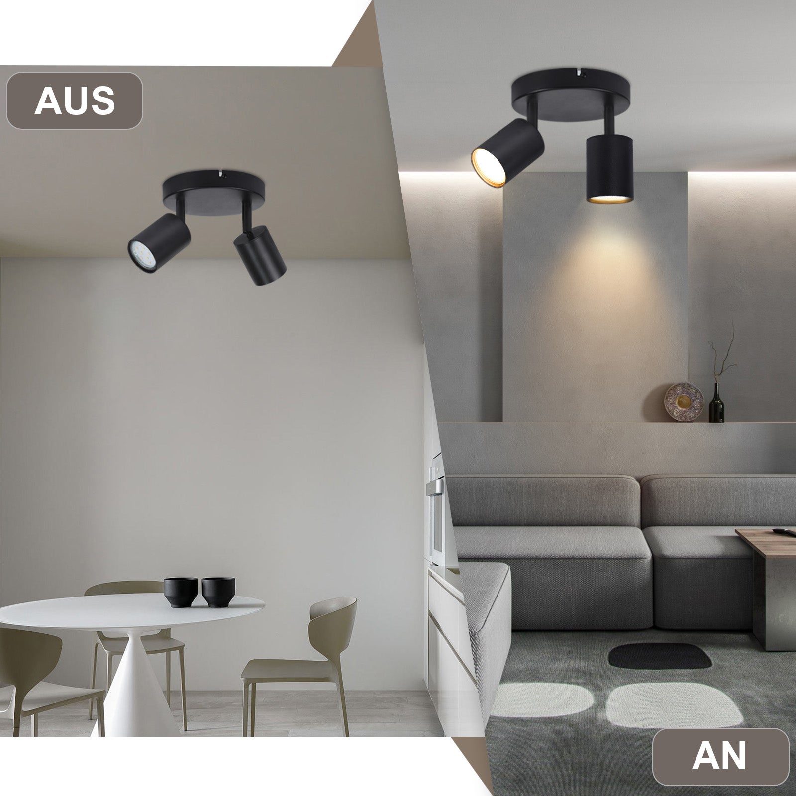 NETTLIFE Foco de techo LED Lámpara de techo con 2 lámparas GU10 negras orientable 330° redondo moderno - 6