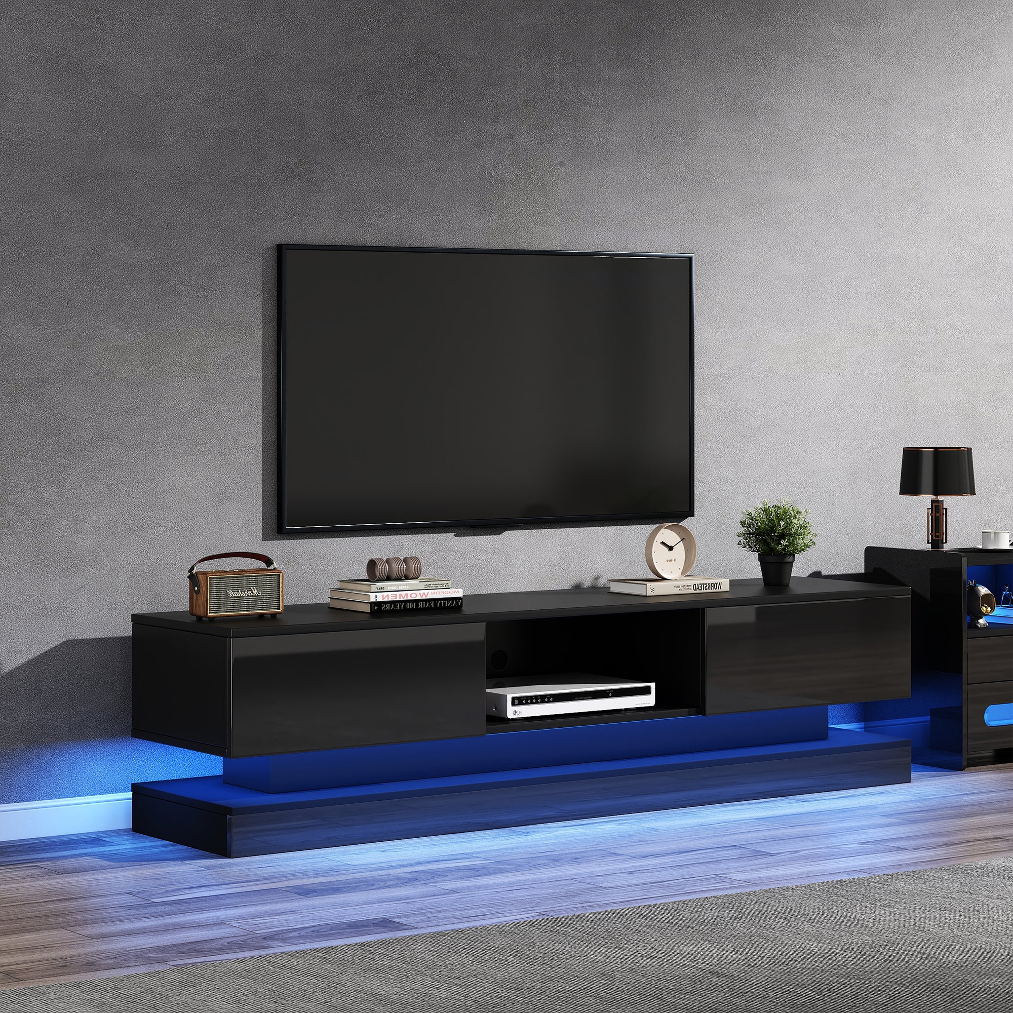 Szafka RTV z 2 szufladami i otwartą przegrodą - 160 x 35 x 40,5 cm - Diody LED - Płyta wiórowa - Czarny połysk