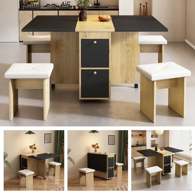 Table Pliante Interieur Table à Manger Pliante GOKHOMX 4 Chaises - Set Cuisine Petit Espace Chêne Table Rangement Intégré Table Pliante Interieur Table à Manger Pliante GOKHOMX 4 Chaises - Set Cuisine Petit Espace Chêne Table Rangement Intégré