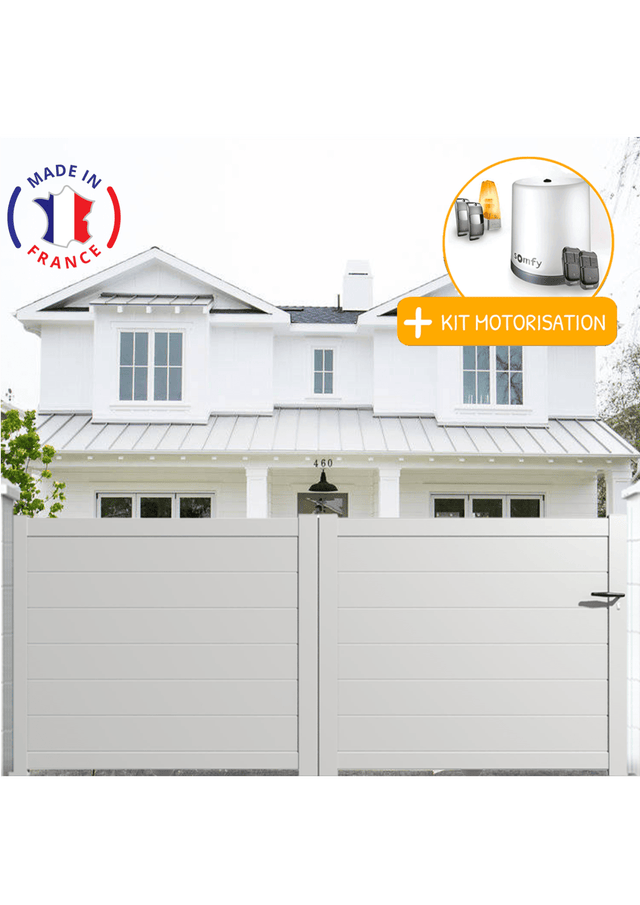 Portail aluminium coulissant plein en kit + Motorisation dimensions L.3500 (entre piliers) X H.1500 mm Couleurs Blanc (RAL 9010)