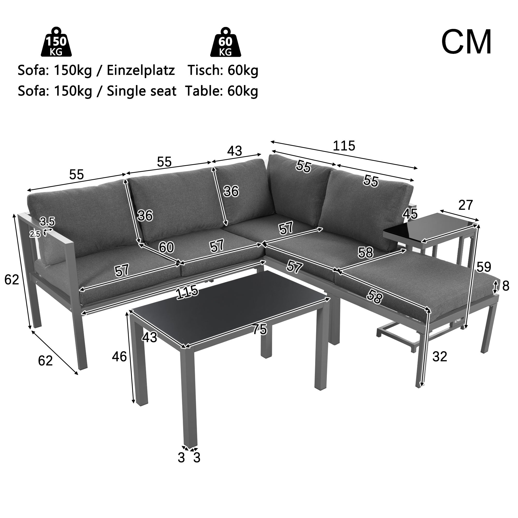 Salón de jardín en aluminio - 2 sofás, 1 taburete y 2 mesas bajas - con todos los cojines - Gris - 9