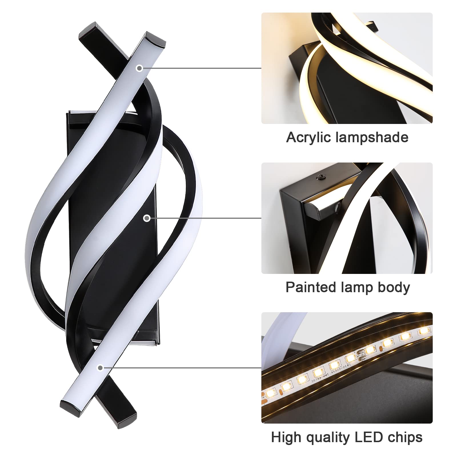 Juego de 2 apliques de pared, lámparas de pared LED modernas en espiral, luces de pared LED de aluminio, luces decorativas, luz cálida 3000K - 5