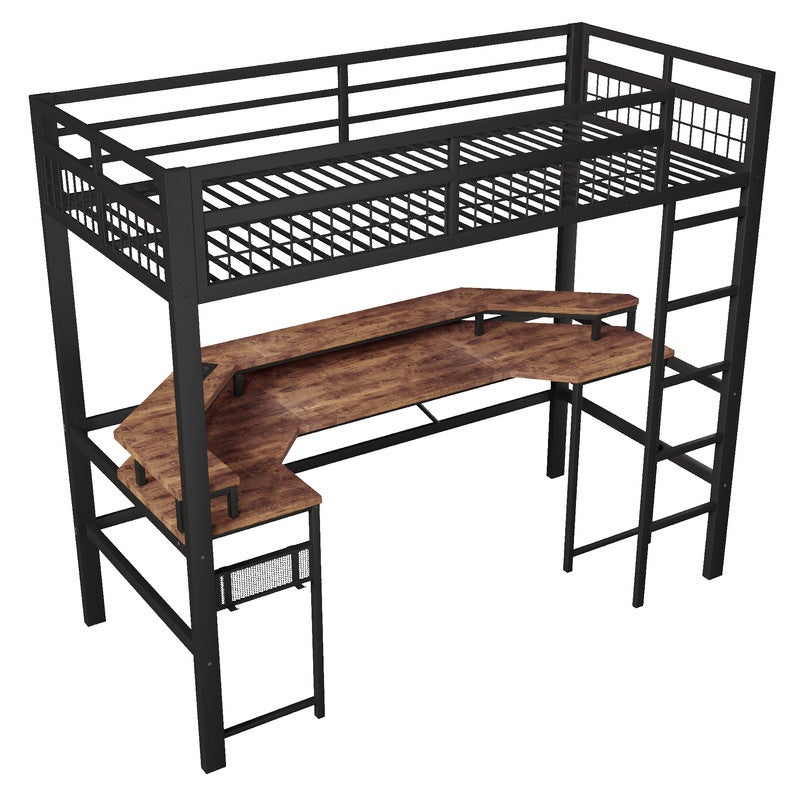 Lit mezzanine en métal 90x200 cm avec Bureau, Éclairage LED RGB App, lit enfant avec Ports USB/Type-C, Prises et Panneau Perforé, noir (sans Matelas) - 6