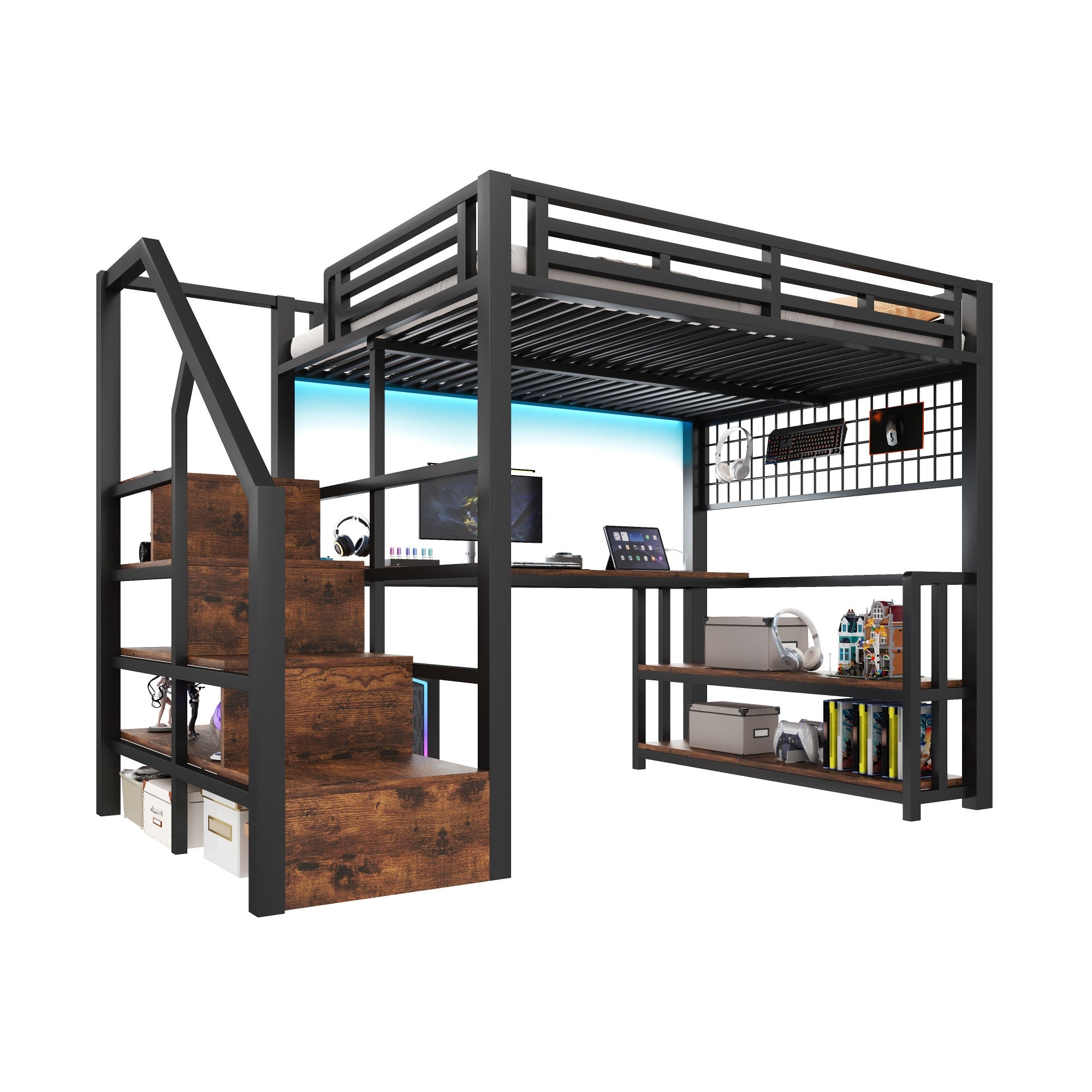 Lit mezzanine 140x200 cm avec bureau, étagères, rangements suspendus, éclairage LED, escalier tiroirs, 2 USB + Type-C, métal, noir - 9