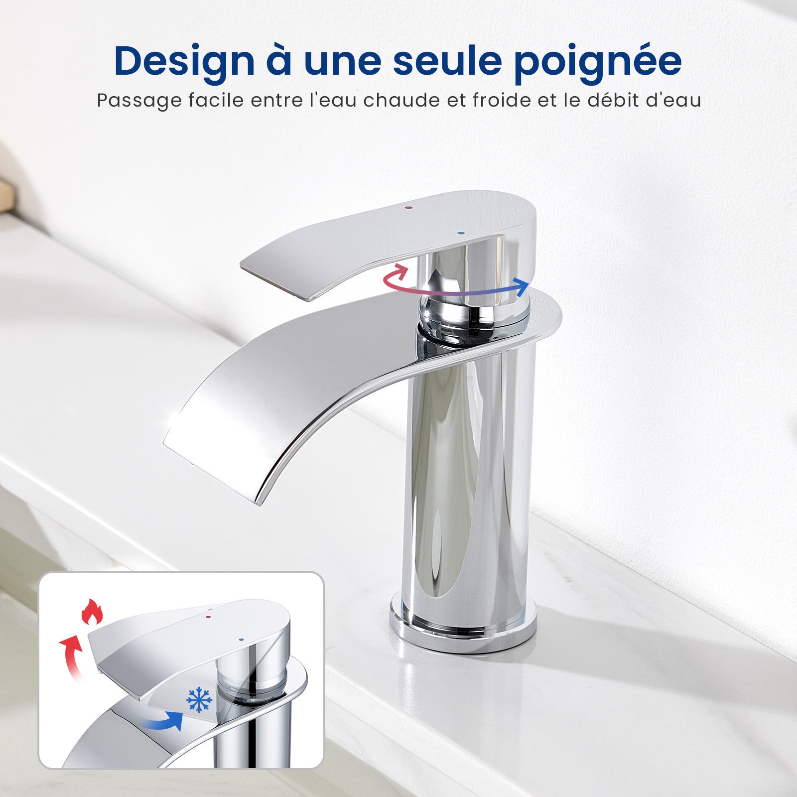 Robinet de lavabo et vasque Ronde Mitigeur de lavabo Chrome Mitigeur lavabo Acier inoxydable Robinet salle de bain en cascade - 2