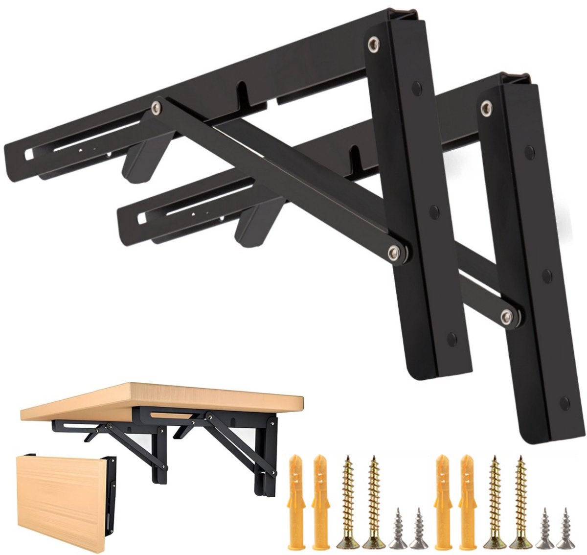 Suporturi de raft pliabile, Set de suporturi de raft pliabile, Suporturi de raft în formă de L, Negru mat, Include biți de șurub, 25 cm