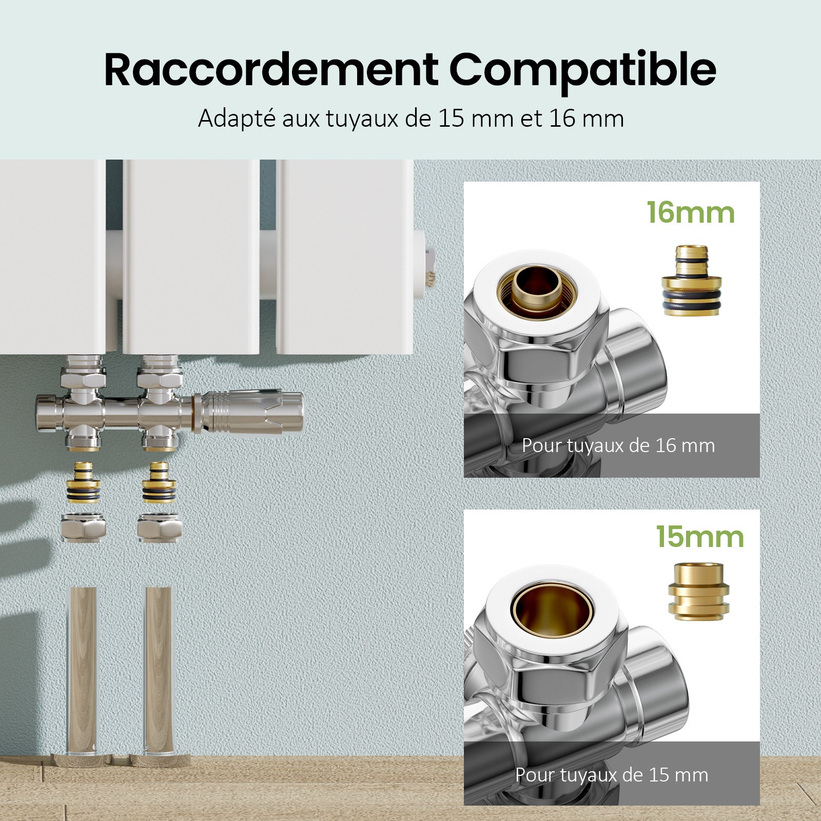 Kit robinet thermostatique radiateur salle de bains – Robinet de radiateur Chromé – Compatible tuyaux 15 mm et 16 mm - 4