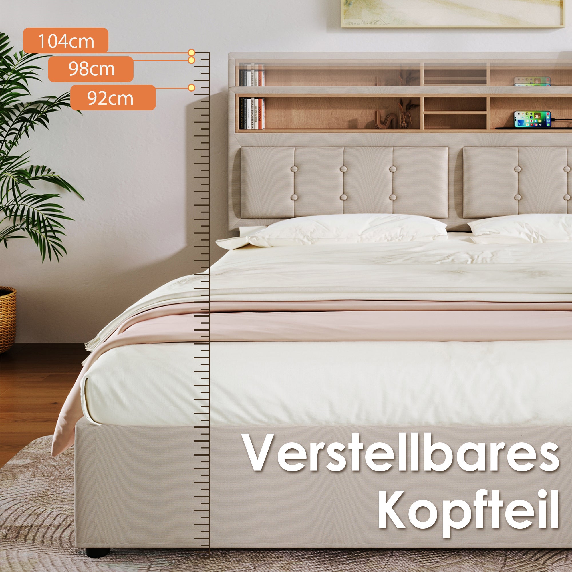 Lit Double Avec 4 Tiroirs Et Prise Usb C - 160 X 200 cm - Tête De Lit Réglable En Hauteur - Sommier À Lattes En Bois - Sans Matelas - 5