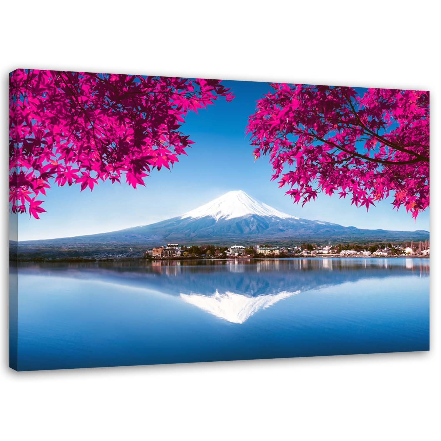 Obraz na płótnie, Góra Fuji jezioro i różowe liście 100x70