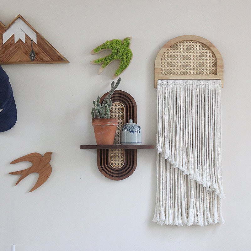 Étagères murales flottantes, ensemble de 2 étagères bohèmes en rotin, petite étagère décorative murale unique, étagères naturel pour salon - 5