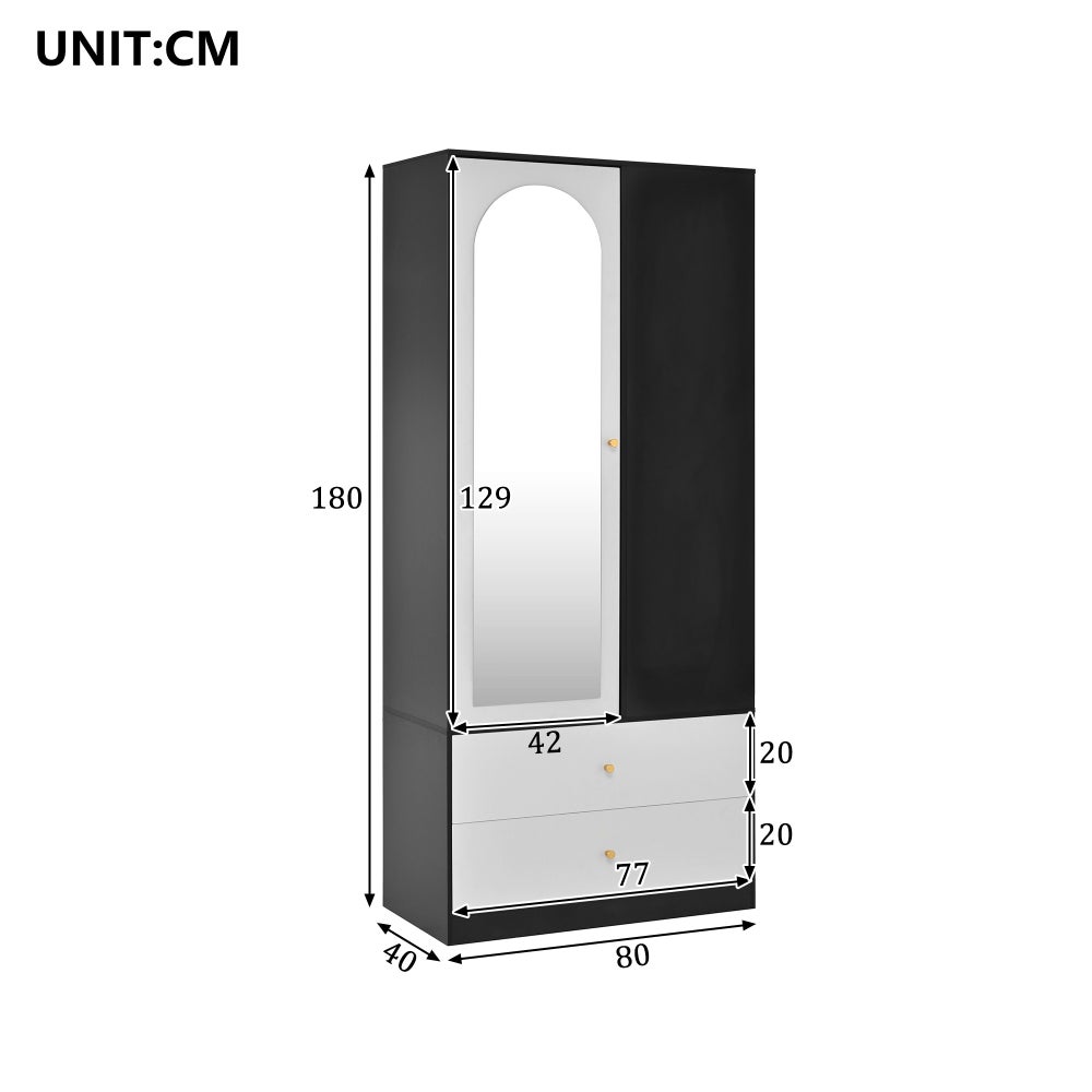 Armoire avec miroir et 1 porte, garde-robe moderne avec 2 tiroirs et 4 étagères, idéale pour rangement dans la chambre, blanc et noir, 80x40x180 cm - 3