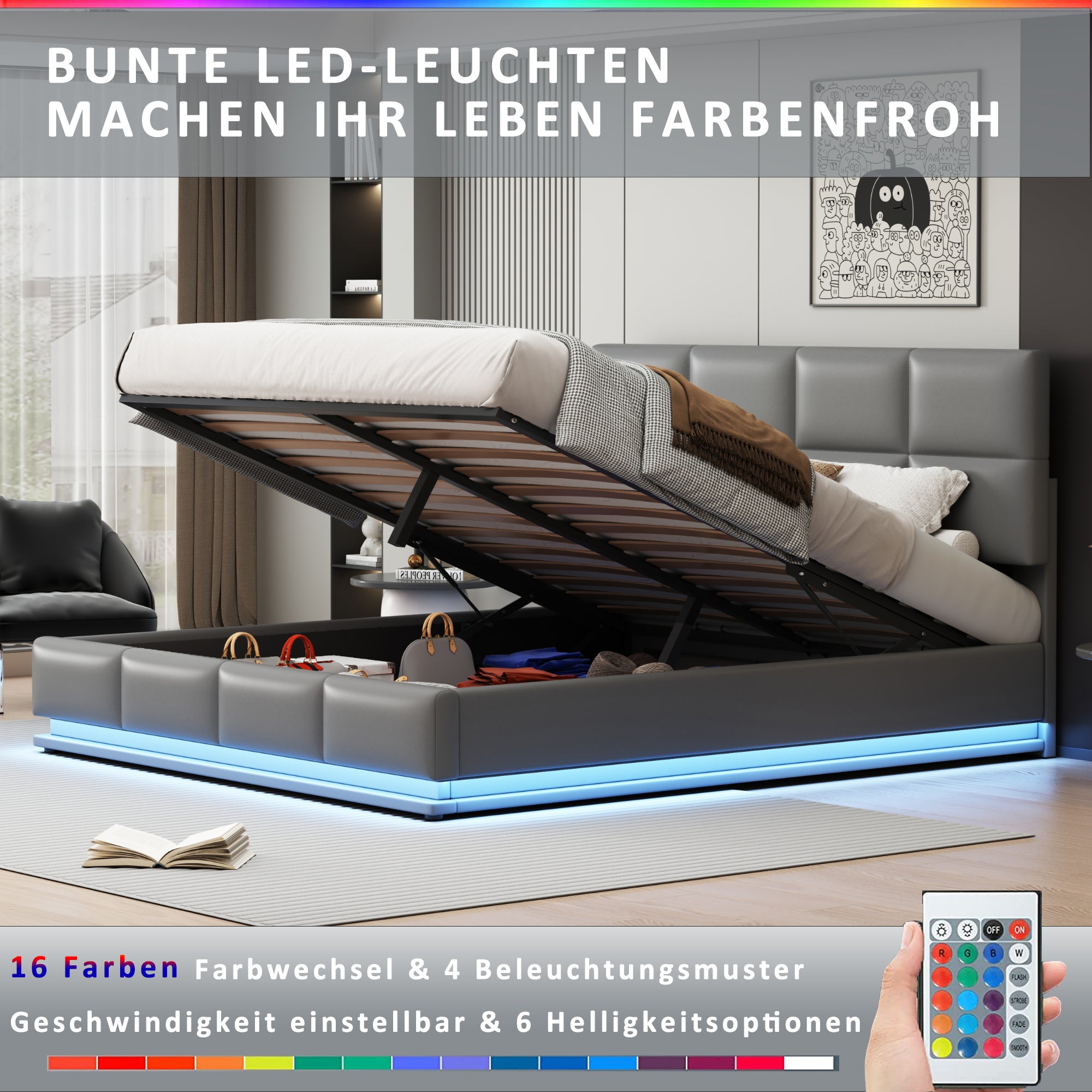 Letto imbottito 160x200cm grigio: luce ambiente, telecomando a 24 pulsanti, alza/abbassa, USB + Type-C, ampio spazio di archiviazione | Leroy Merlin