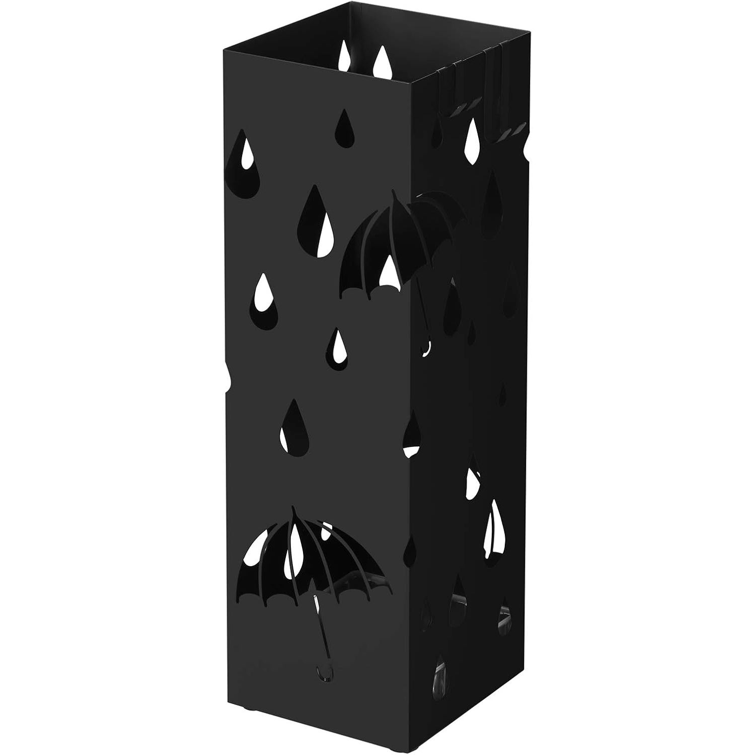 Suport umbrele metalic cu recipient detasabil apa, 4 carlige, decupaje decorative, 16x16x49 cm, negru Negru