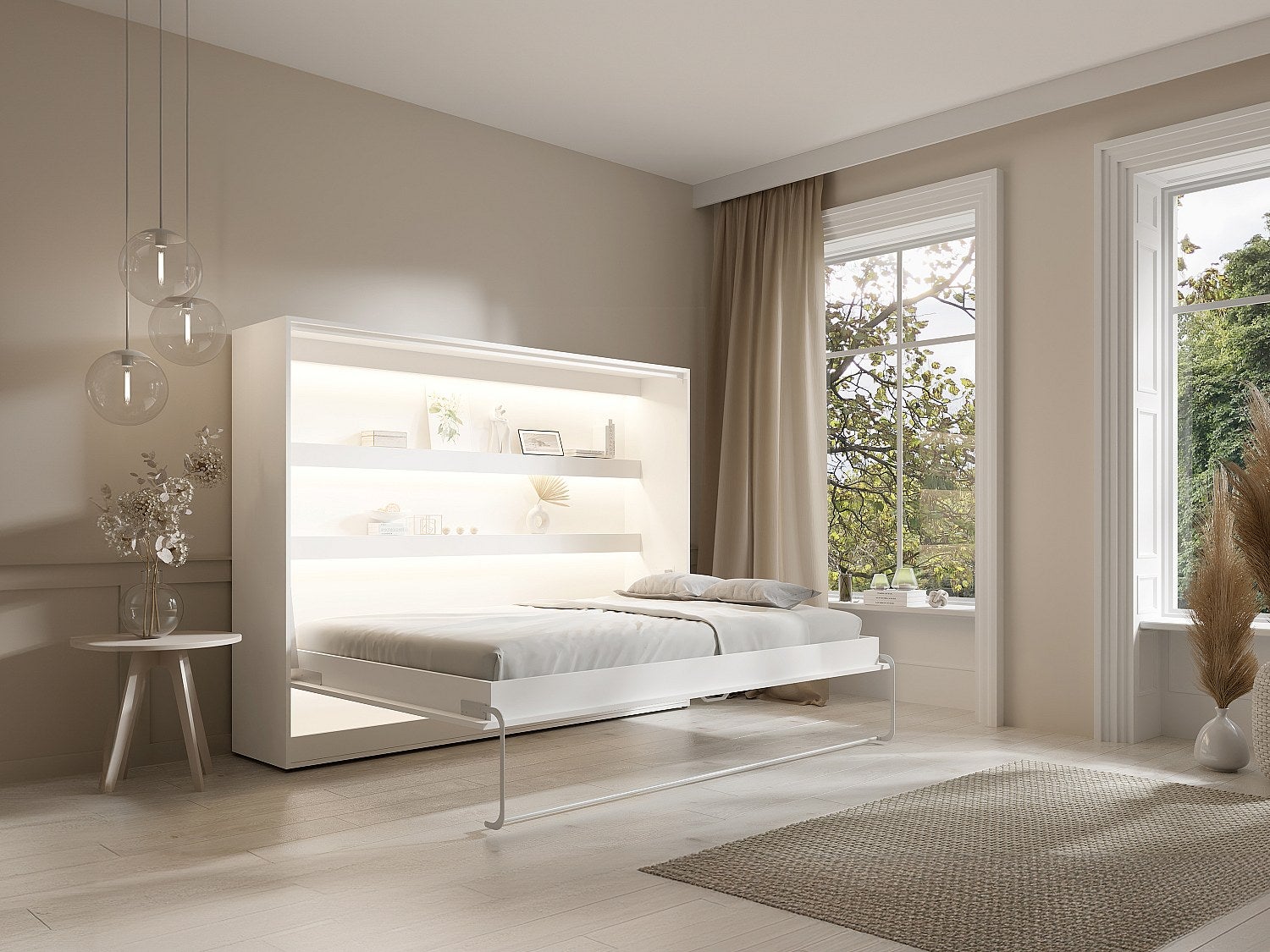 Łóżko chowane w szafie 140 × 200 cm – Otwieranie poziome manualne – oświetlenie LED – Białe – RAPILI