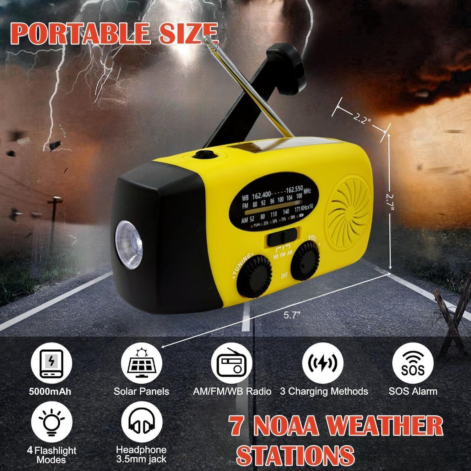 Radio solar de manivela 2000mAh, linterna LED, alarma SOS y cargador de teléfono, para supervivencia y emergencias al aire libre. - 5