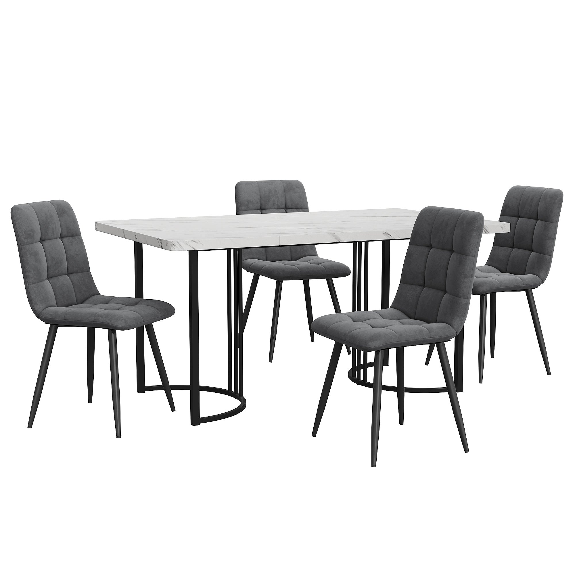 Ensemble table à manger + 4 chaises en velours -140 x 80 x 75 cm - MDF et pièds en métal - Effet marbre - Gris + blanc - 4