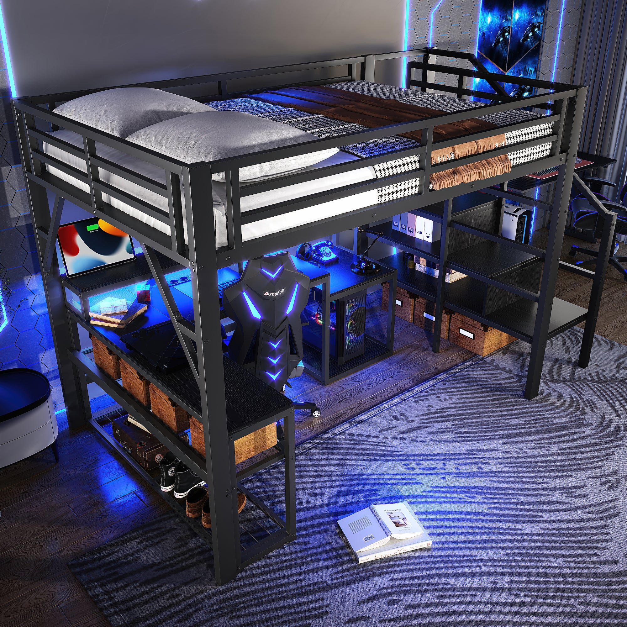 Lit mezzanine 140 x 200 cm avec LED et port USB et bureau, rangements et escalier avec stockage, garde-corps sécurité, sans matelas, Noir - 3