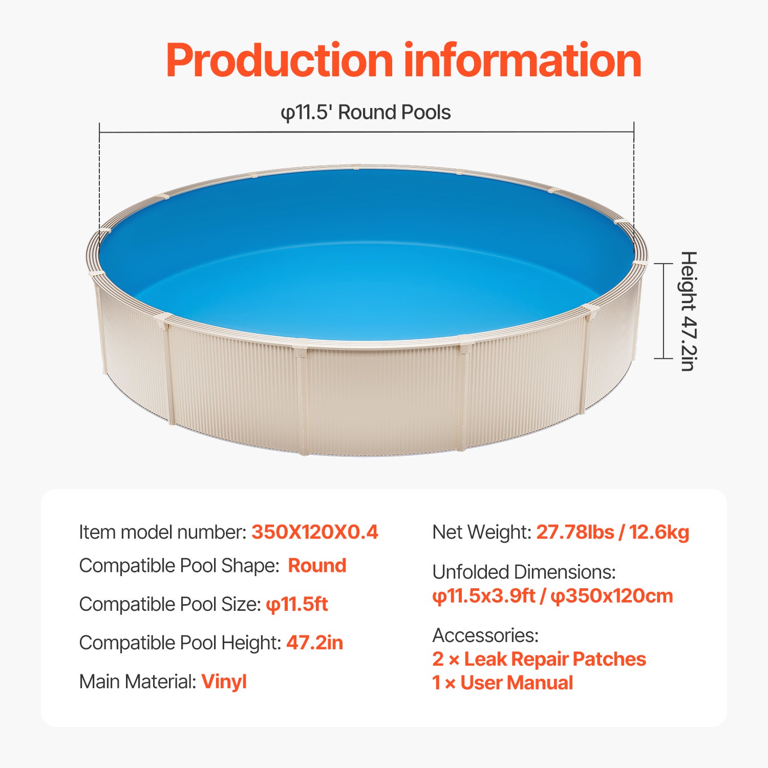 Revêtement piscine rond,SucceBuy 350x120 cm,revêtement vinyle de calibre standard,adapté aux piscines hors sol de 120 cm de hauteur,couleur unie - 9