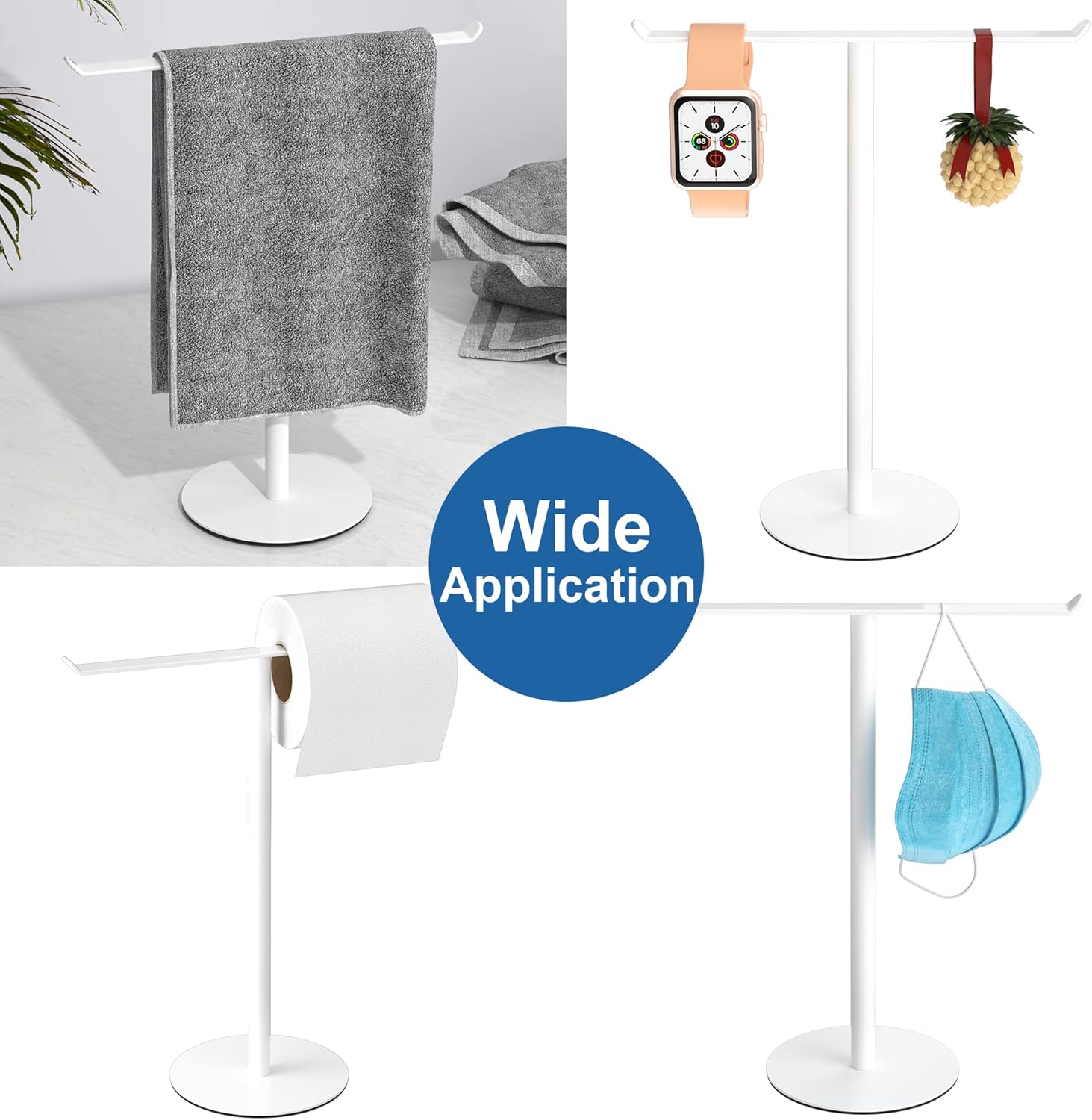 Portasciugamani bianco con base rotonda, largo 27 cm e alto 30 cm, pensato per essere appoggiato sul piano del bagno. - 5