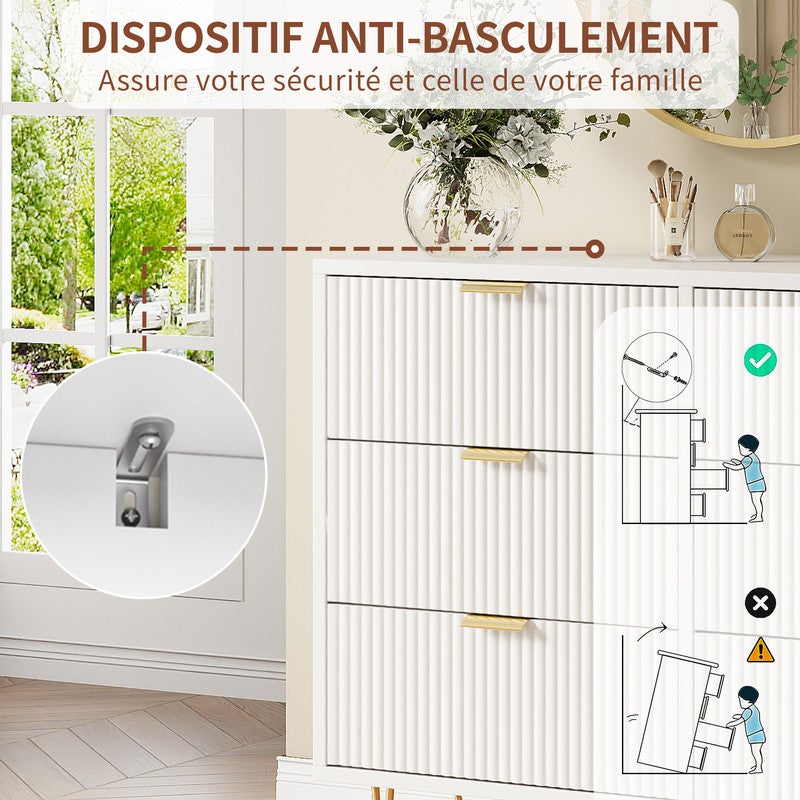 Commode à 4 tiroirs, poignées en métal, panneau plaqué, motif ondulé, portes peintes, buffet, meuble de rangement, blanc - 6