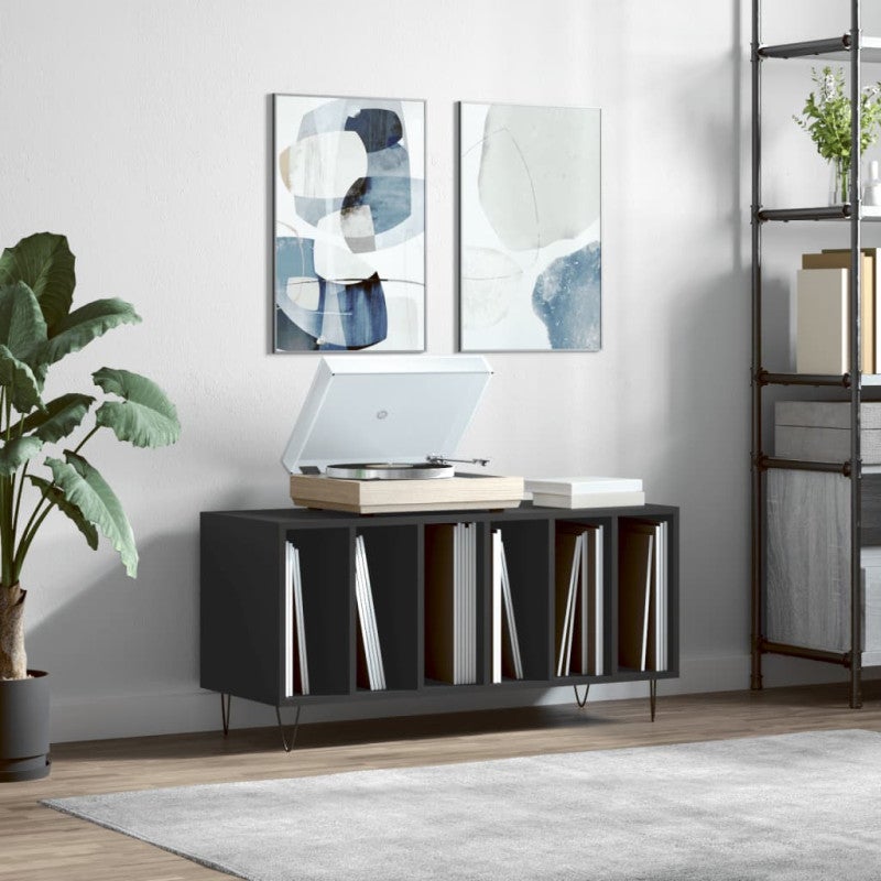 Mobile Porta Dischi In Legno Multistrato Nero - Dimensioni 100x38x48 Cm, Con Piedini 10 Cm, Per Organizzare Vinili E CD