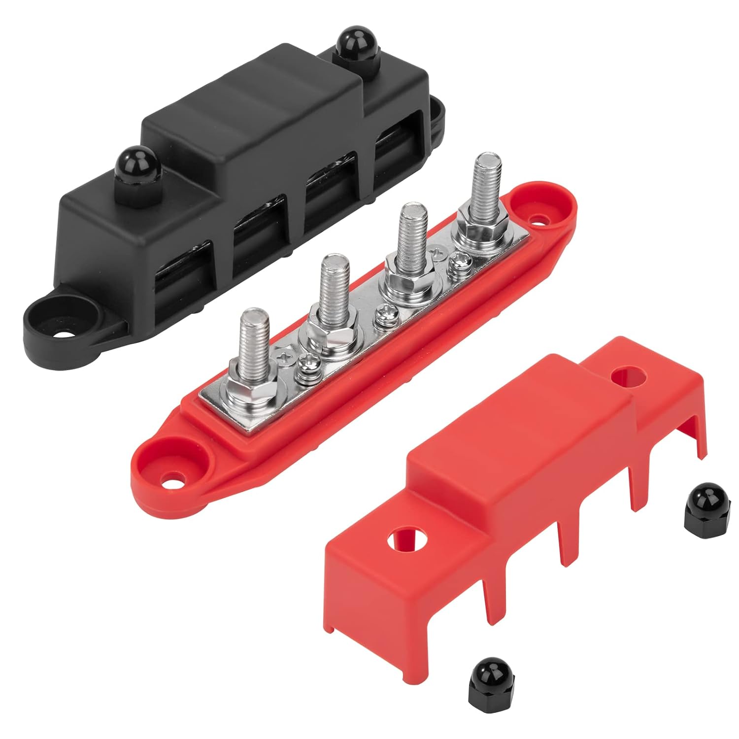 Blok rozdzielczy zasilania 12V-48V DC BusBar 250A Szyny rozdzielcze energii z 4 x M8 śrubami zaciskowymi, czarny, 2 sztuki
