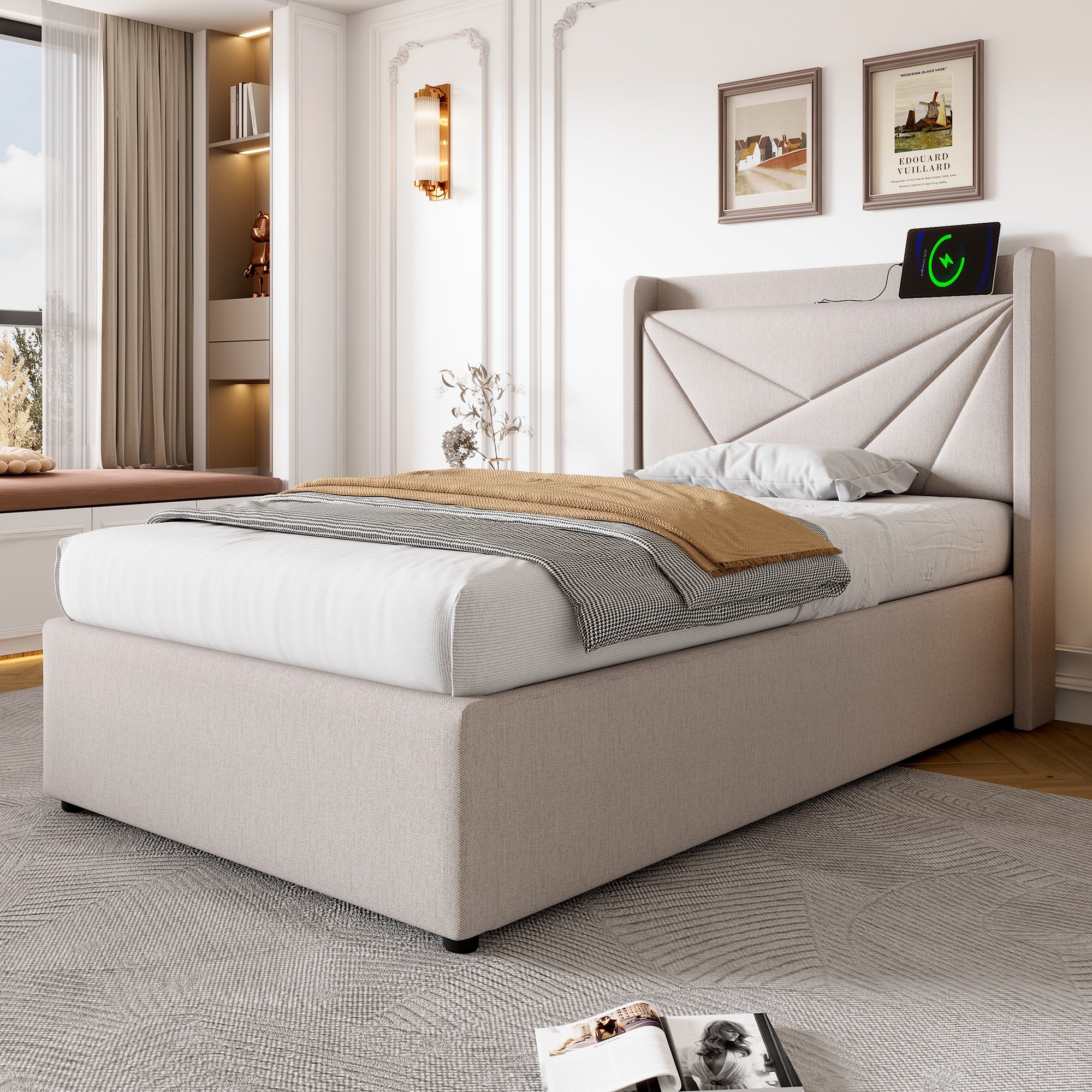 Łóżko 90x200cm z tkaniny lnianej - z portem USB i stelażem na listwy - Beżowe - 4