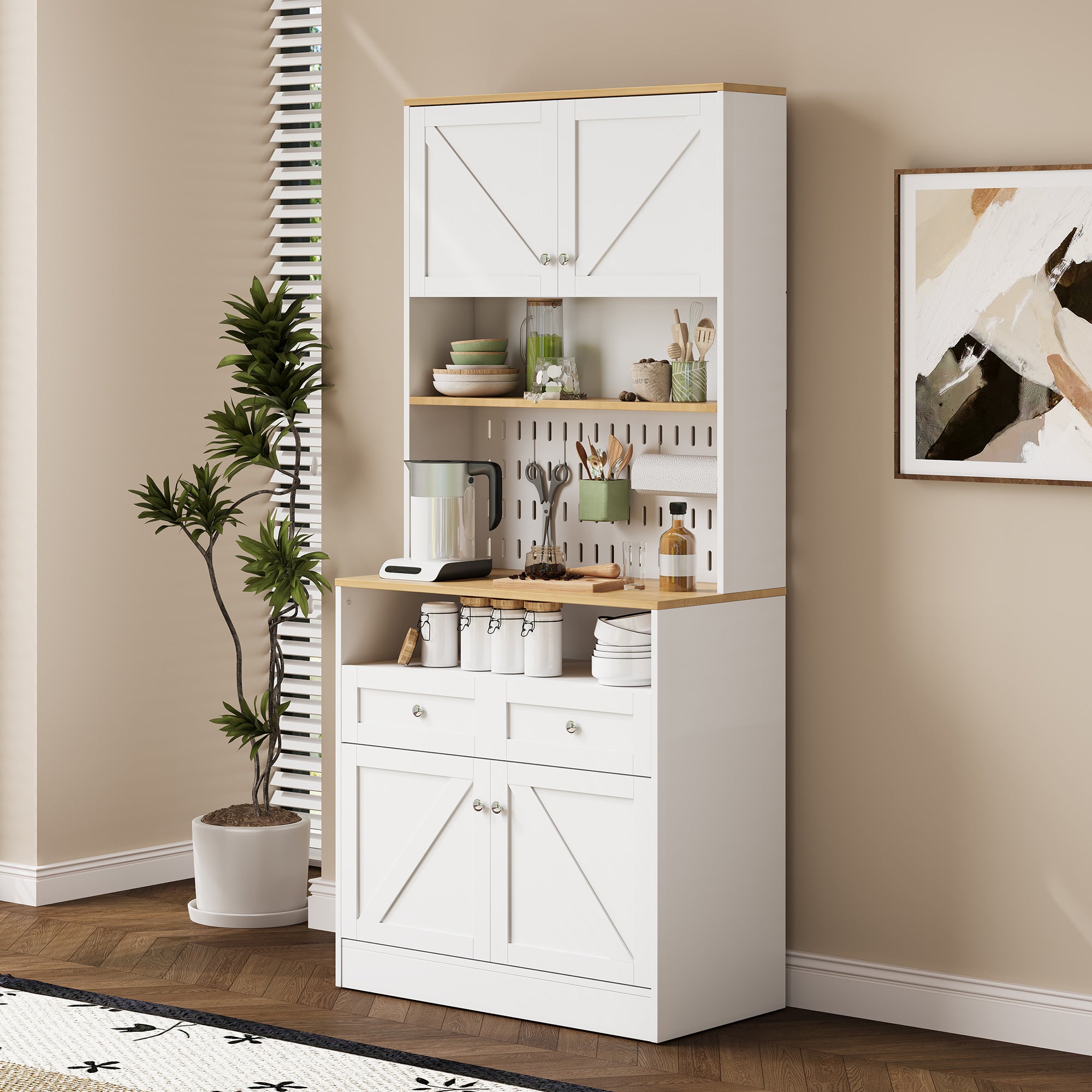 Nowoczesna komoda 80x40x175 cm - Z 2 szufladami i 4 drzwiami - Z perforowanym panelem - Płyta MDF + płyta wiórowa - Biały i naturalny - 6