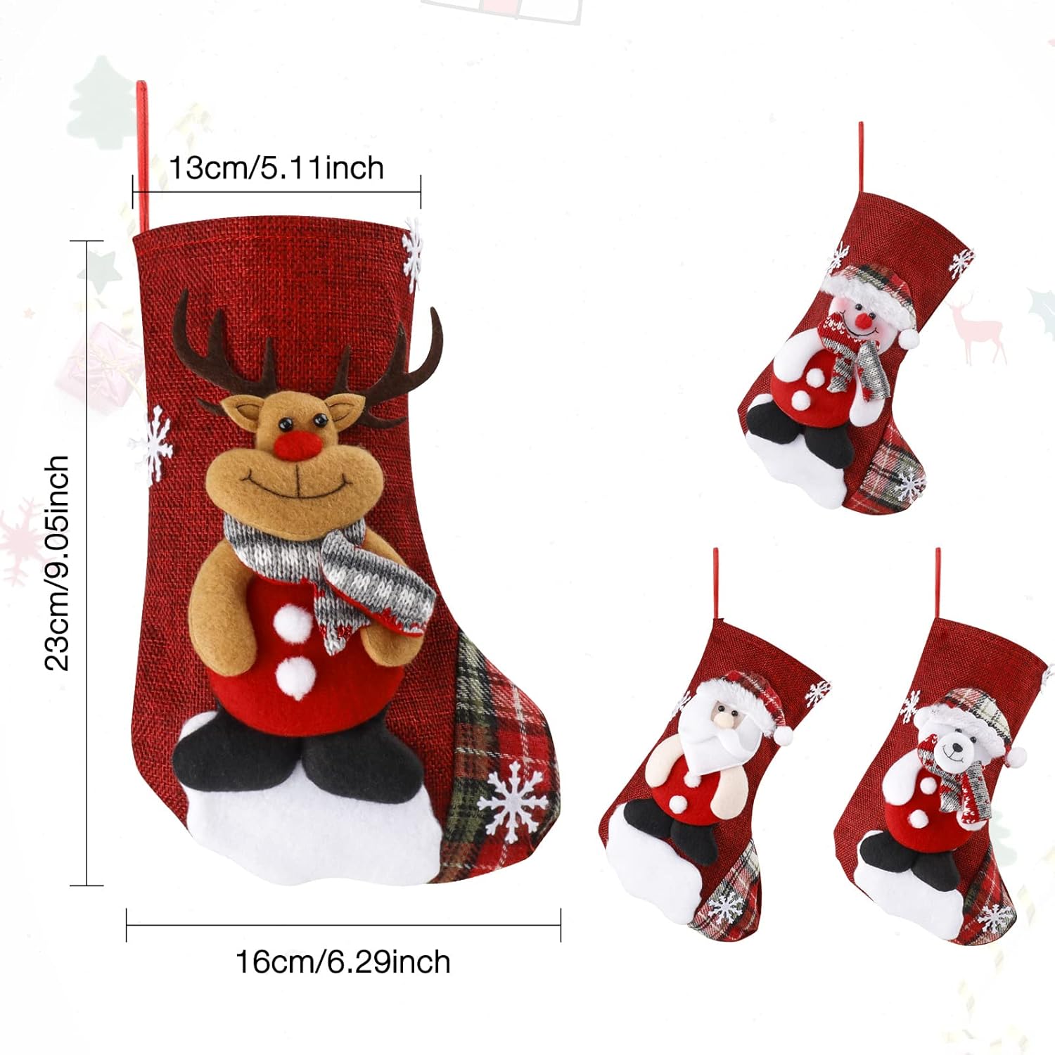 Calcetines navideños, juego de 4 calcetines navideños para colgar en la chimenea, bolsas para dulces, 23 cm. - 3