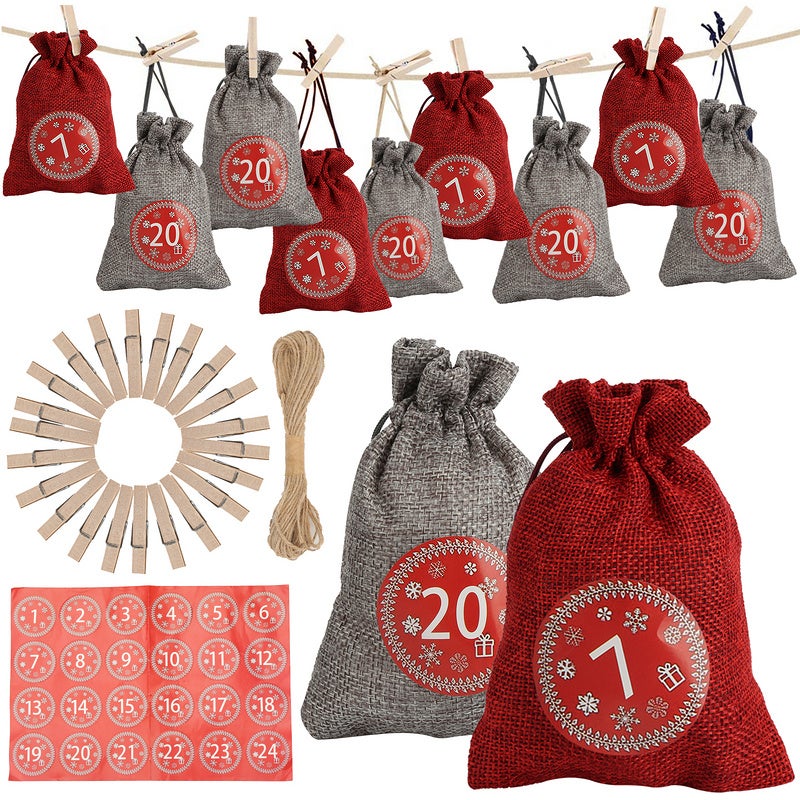 Borsa calendario dell'Avvento,24 calendari dell'Avvento di Natale da riempire da soli,borsa di stoffa del calendario dell'Avvento di Natale,rosso - 9