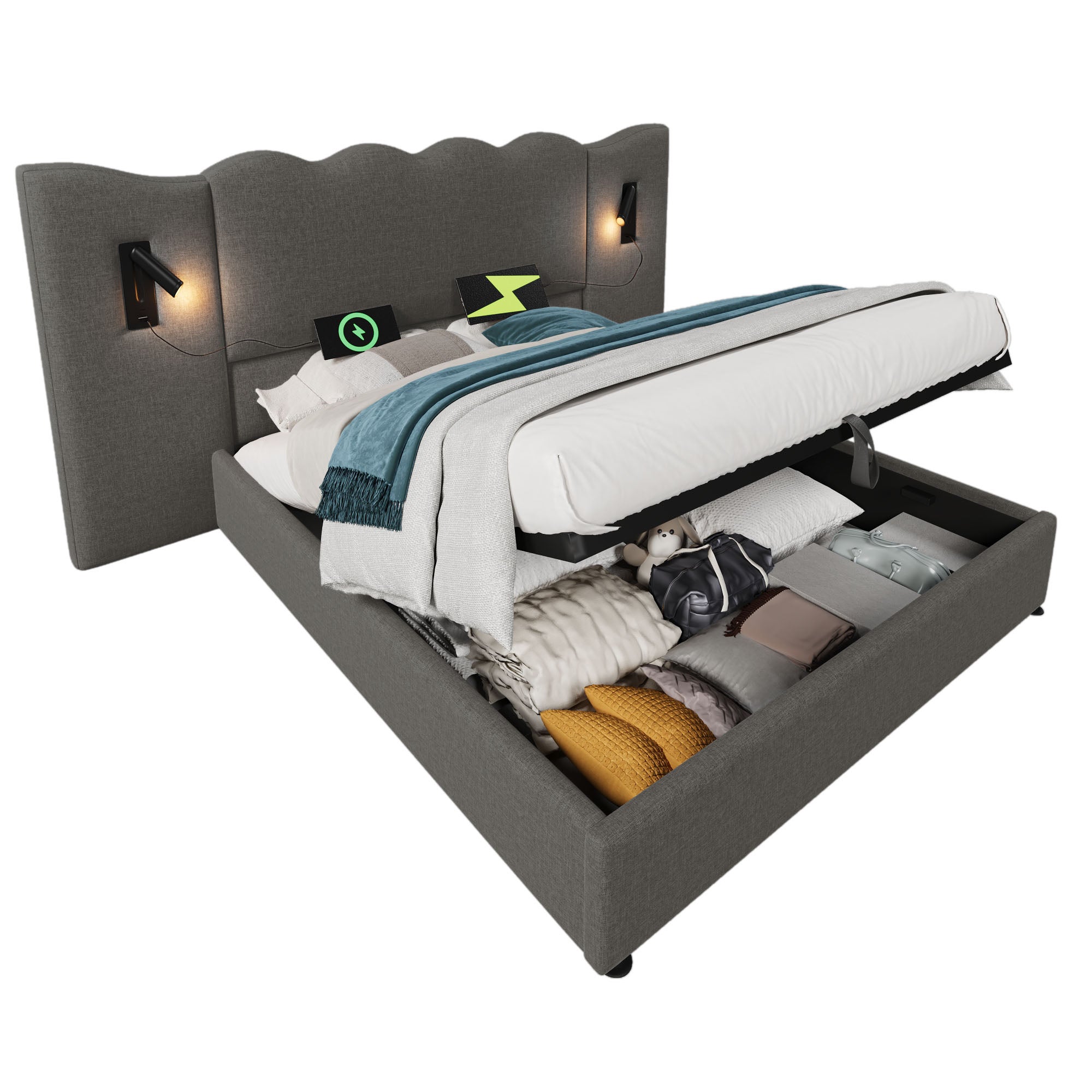 Lit double rembourré 180×200 cm avec lampe de lecture et fonction de charge USB Type-C, bois massif et métal, gris, sans matelas - 8