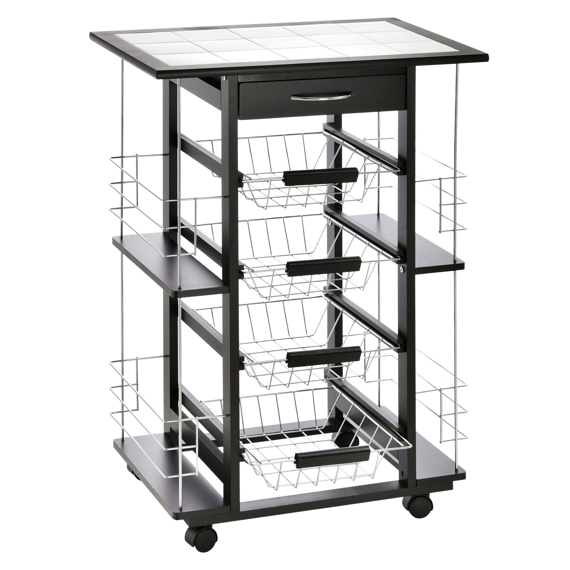 Carrito de cocina con ruedas, 4 cestas metálicas, cajón + 4 botelleros, madera de pino negro, encimera de azulejos blancos.