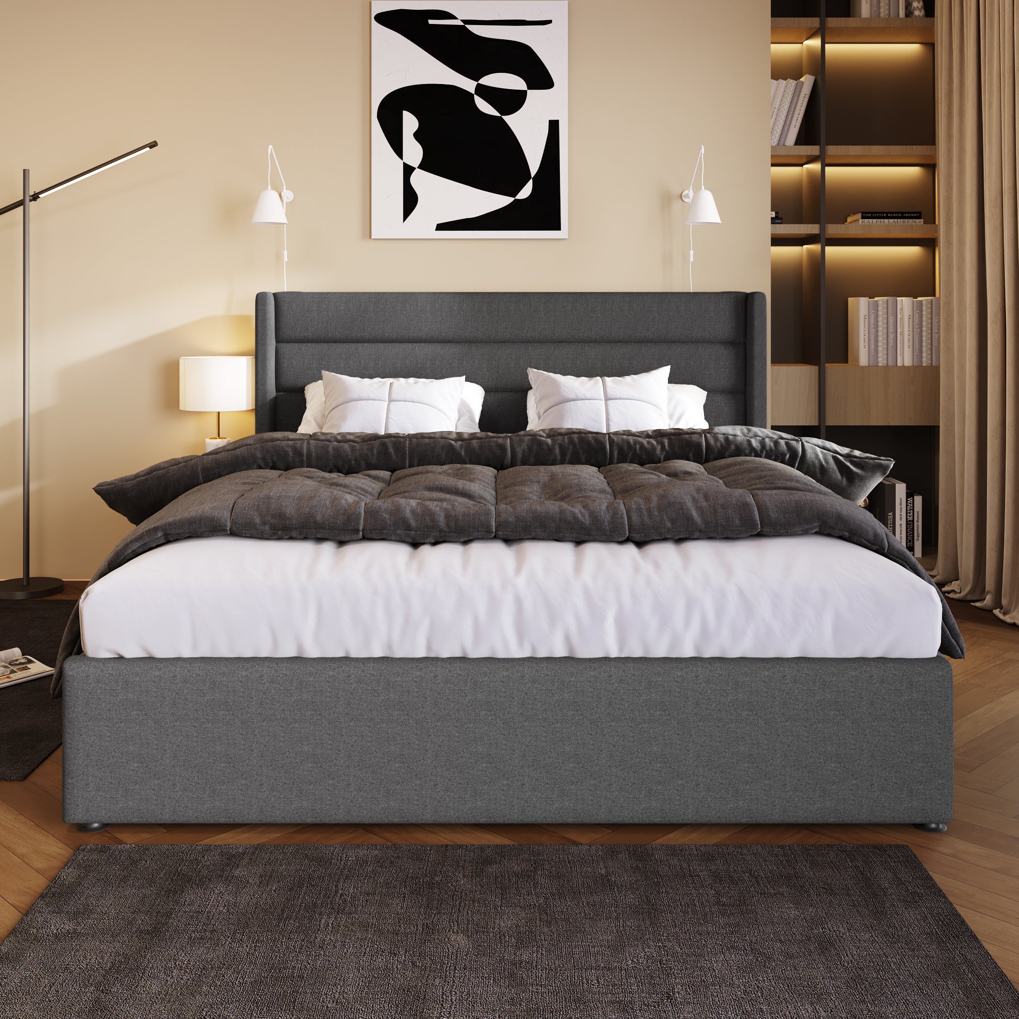 Letto matrimoniale 160x200cm con struttura in metallo, rete a doghe, letto imbottito per adulti in lino - Grigio - 3