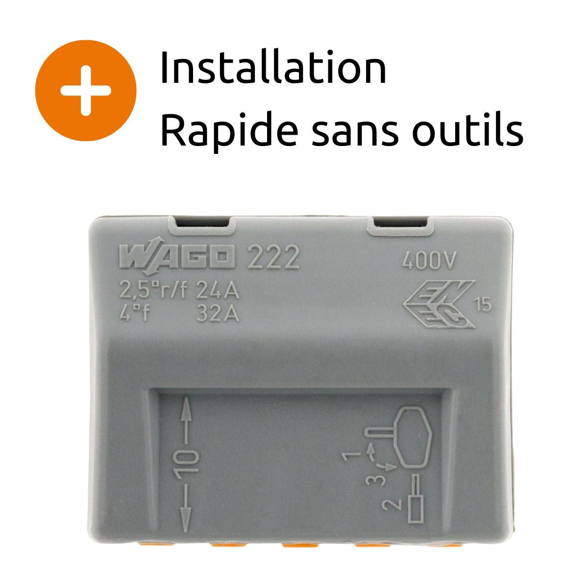 Lot de 10 bornes automatiques à cliquet S222 - 5 entrées – fils rigides et souples 4mm² max - Orange - Wago - 5