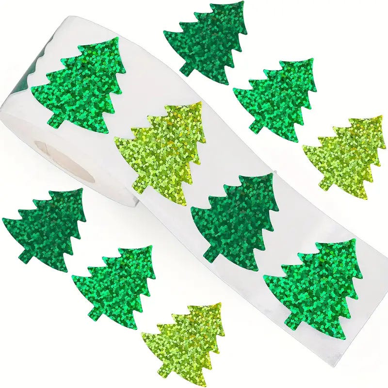 Rouleau De 500 Autocollants Sapin De Noël - Diamètre 3 Cm, étanches - Pour Cadeaux, Scrapbooking, Décoration