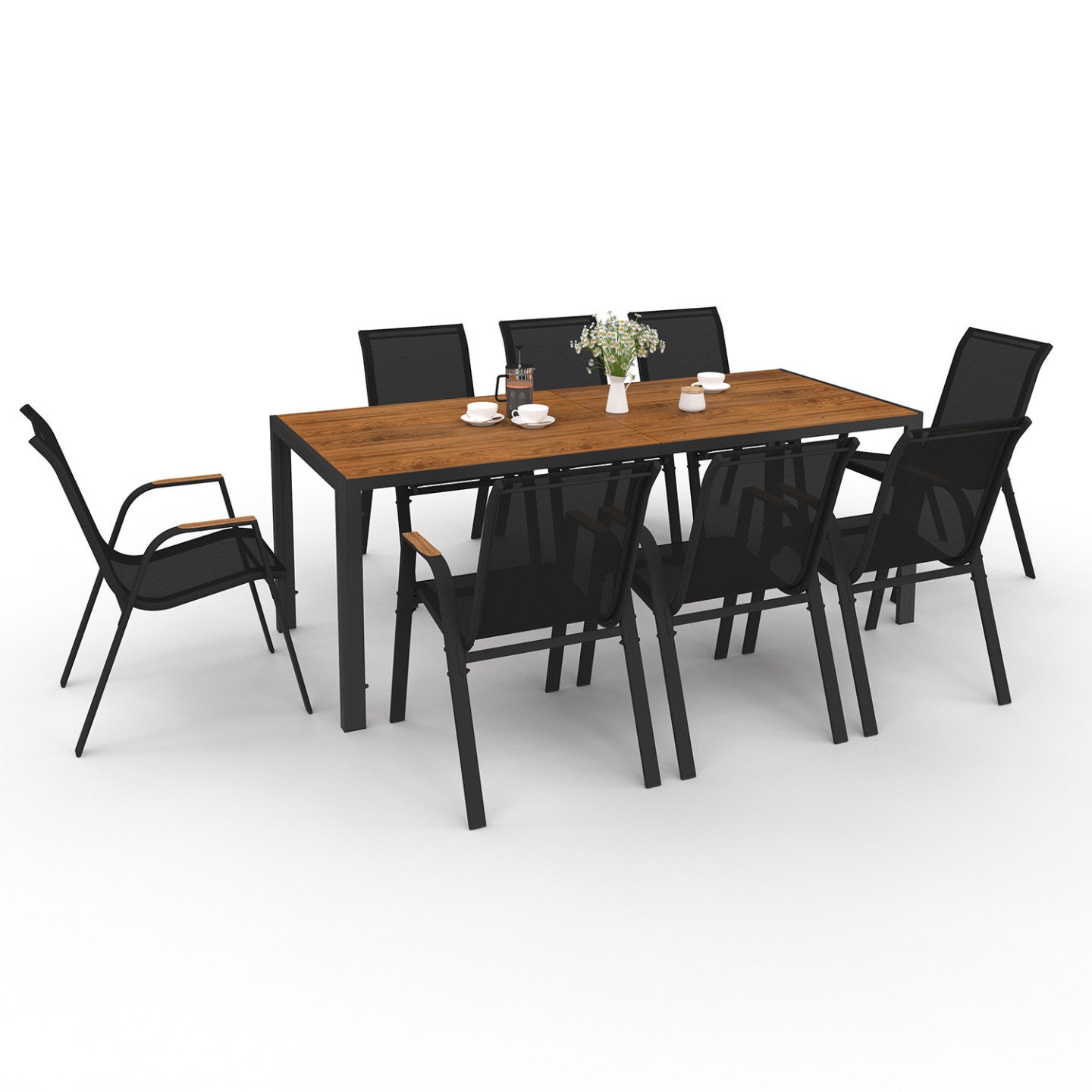 Salon de jardin NOUMEA table 190 cm plateau verre trempé effet bois et 8 chaises empilables noir et bois - 2